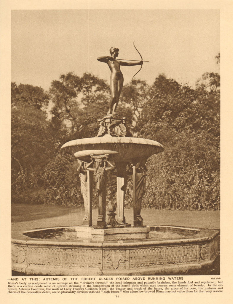 Artemis Fountain by Lady Feodora Gleichen. Hyde Park 1926 old vintage print